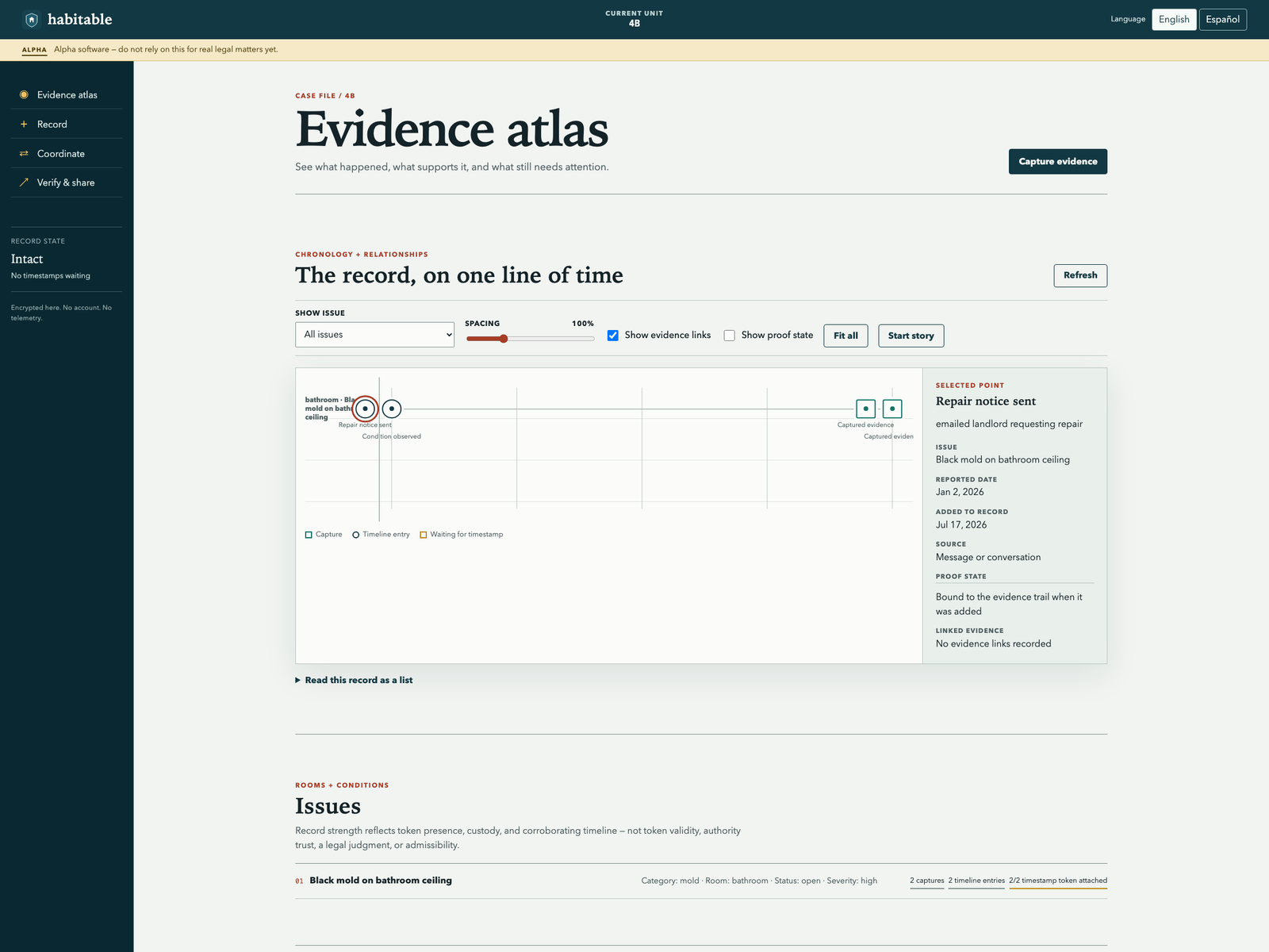 Habitable's local Evidence Atlas for synthetic unit 4B, showing a linked timeline of condition observations, repair notices, and captures above issue and recording controls.