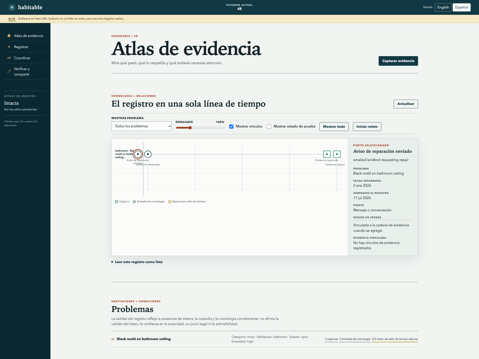 El Atlas de evidencia local de Habitable para la vivienda sintética 4B, con una cronología enlazada de condiciones, avisos de reparación y capturas sobre los controles de problemas y registro.