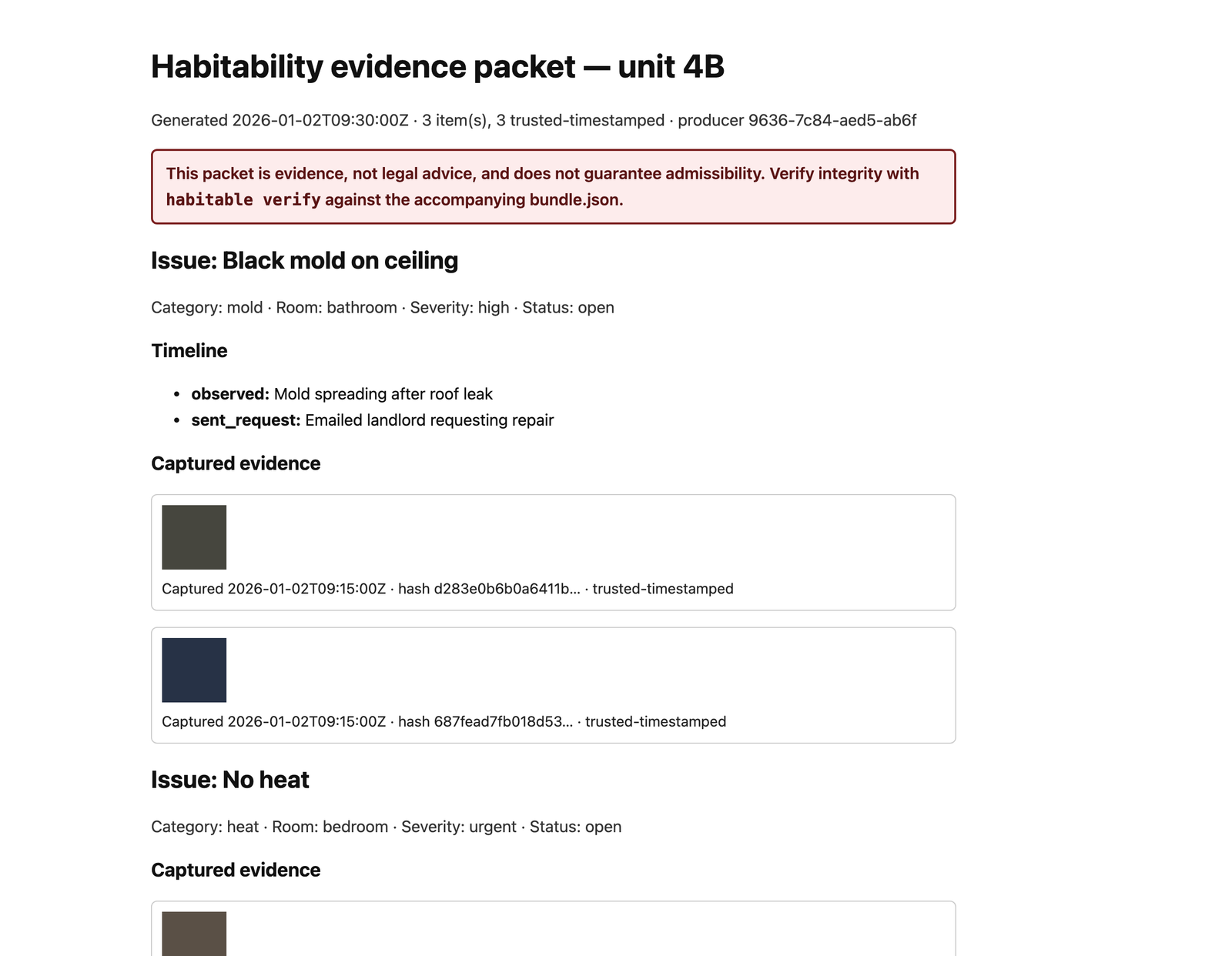 Cropped synthetic Habitable evidence packet with a scope warning, issue chronology, and captured evidence grouped by housing condition.
