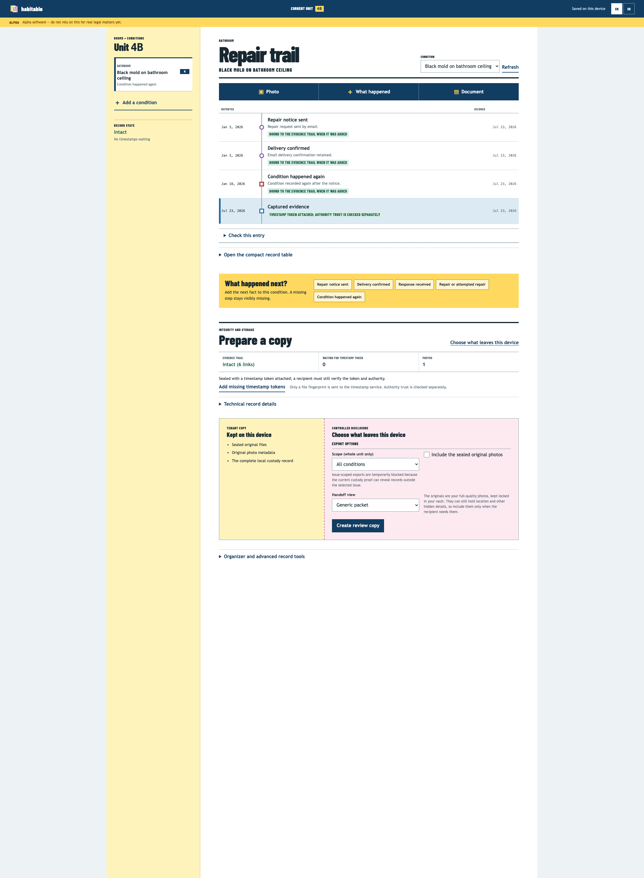 Habitable's current Repair Trail for synthetic unit 4B, separating Reported dates from Secured dates and showing controlled review-copy settings beneath the chronology.