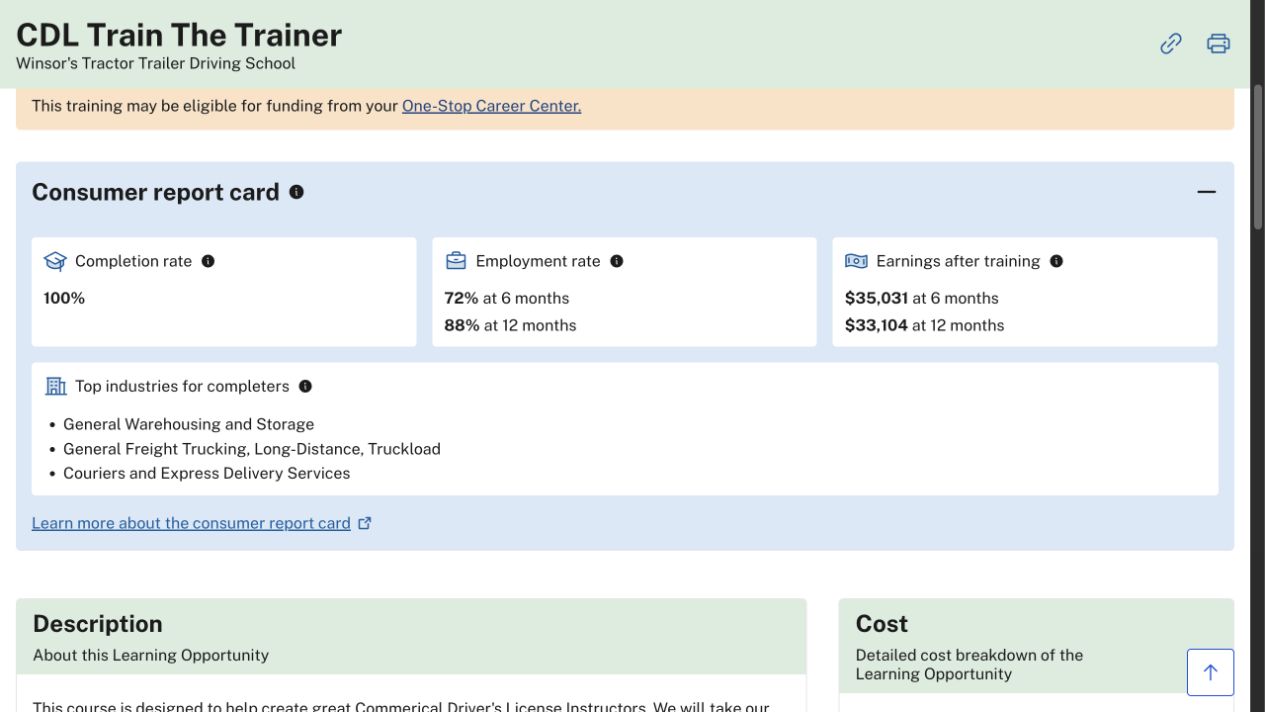 MyCareer.NJ.gov program page showing a consumer report card with completion, employment, earnings, and top-industry measures.