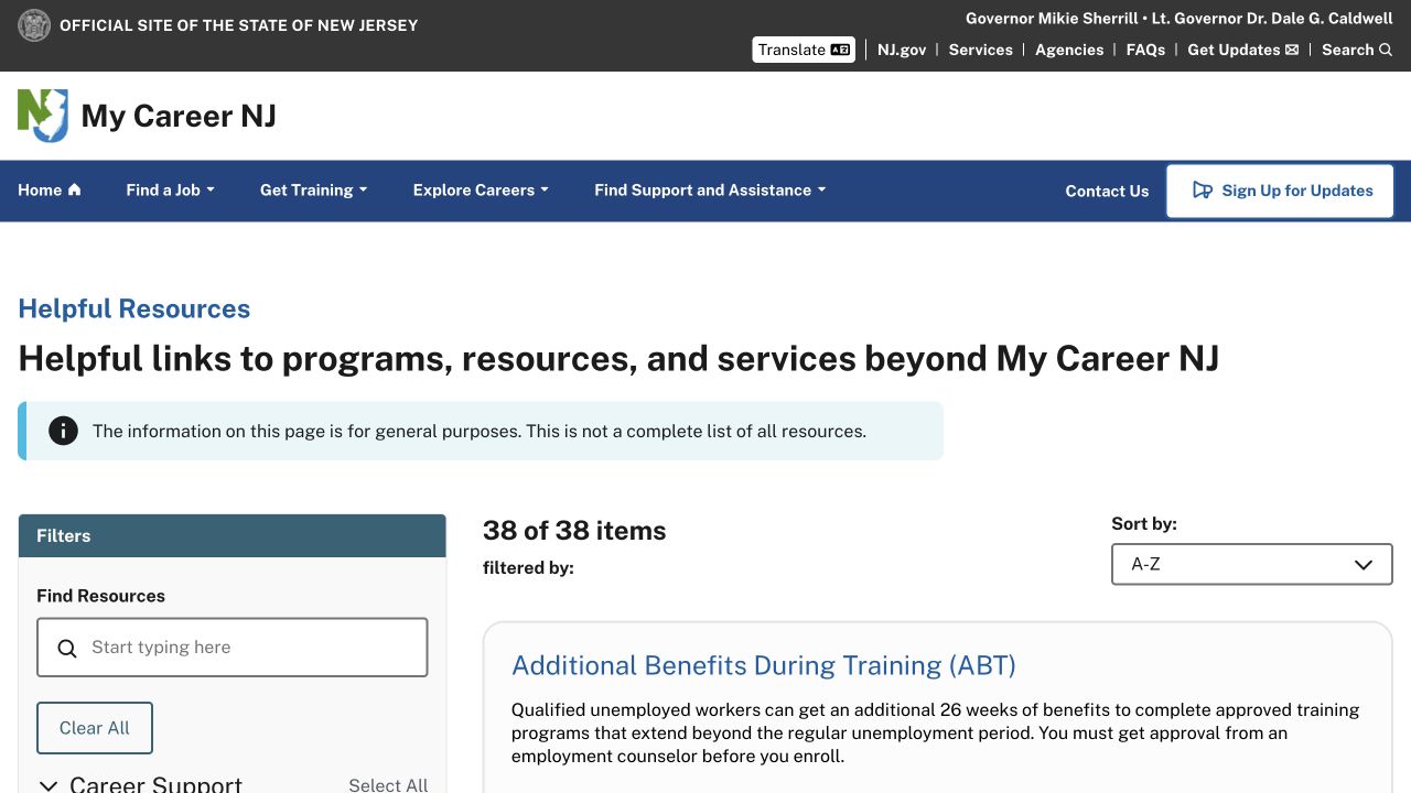 MyCareer.NJ.gov support-resource page showing category filters and resource cards.