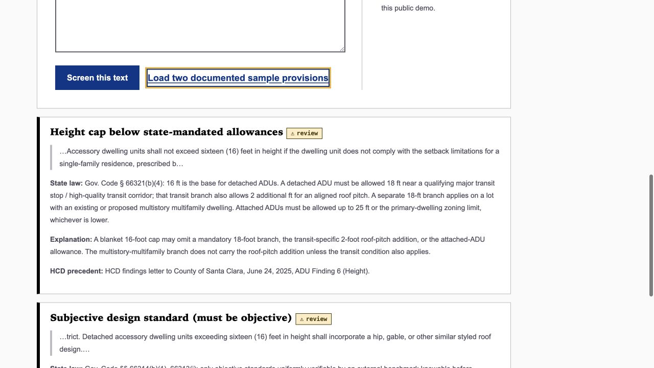 Permit Bearings ordinance-review aid showing two provisions flagged with state-law explanations and HCD precedent.