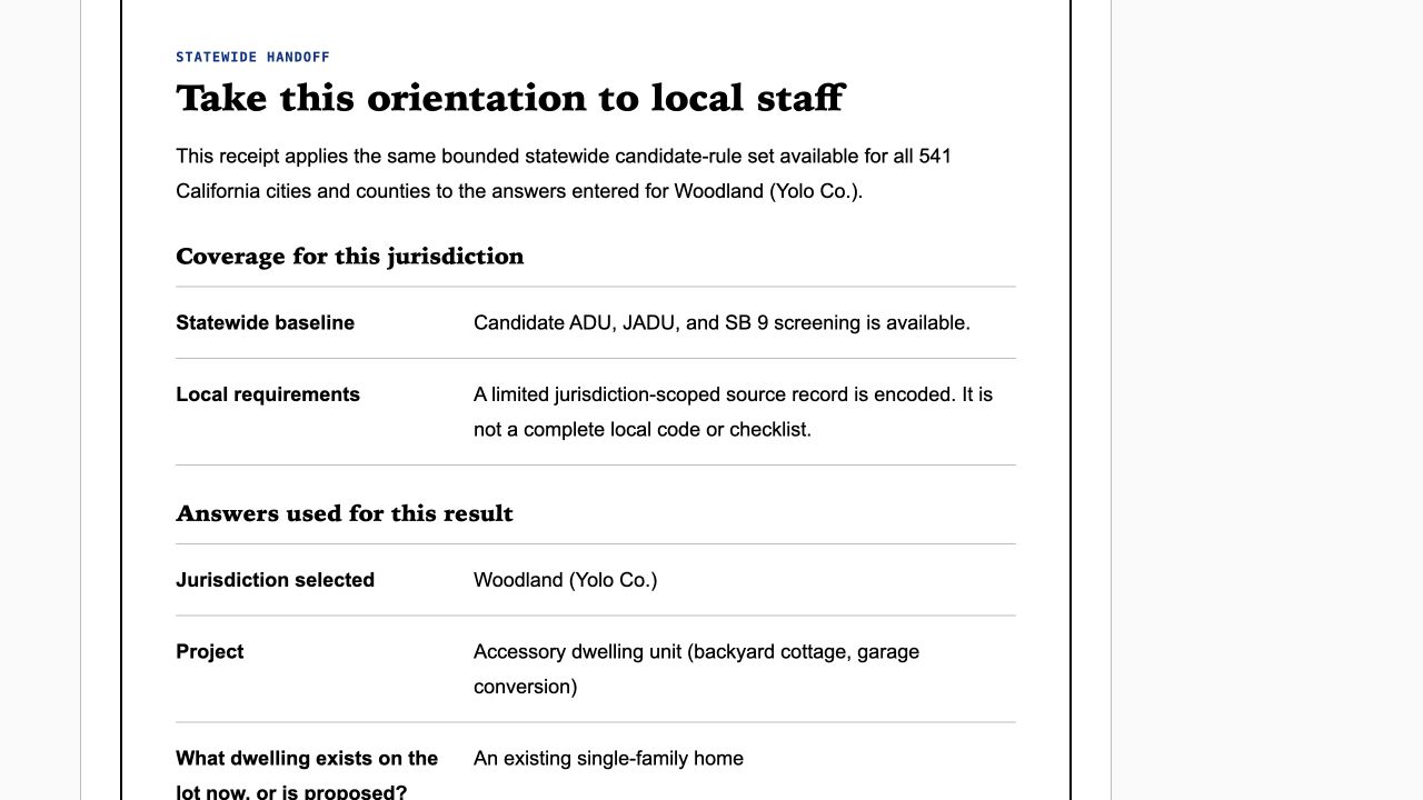 Permit Bearings synthetic Woodland result showing a statewide applicant handoff and the boundary between candidate state rules and limited local coverage.
